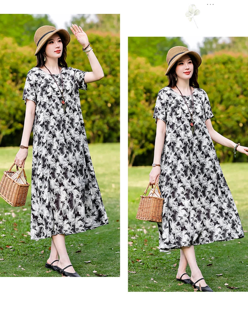 New Print plus size 2026 New Fashion Floral Printed Summer Dress Vestidos Elegant Short Sleeve Slim O-Neck Party Women clothing