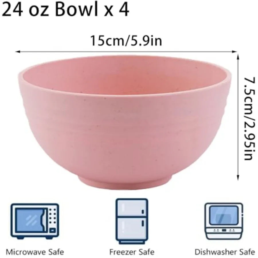 Unbreakable Wheat Straw Cereal Bowls Set of 4, 24 OZ Microwave and Dishwasher Safe Lightweight Soup and Salad Bowl Sets, Reusab