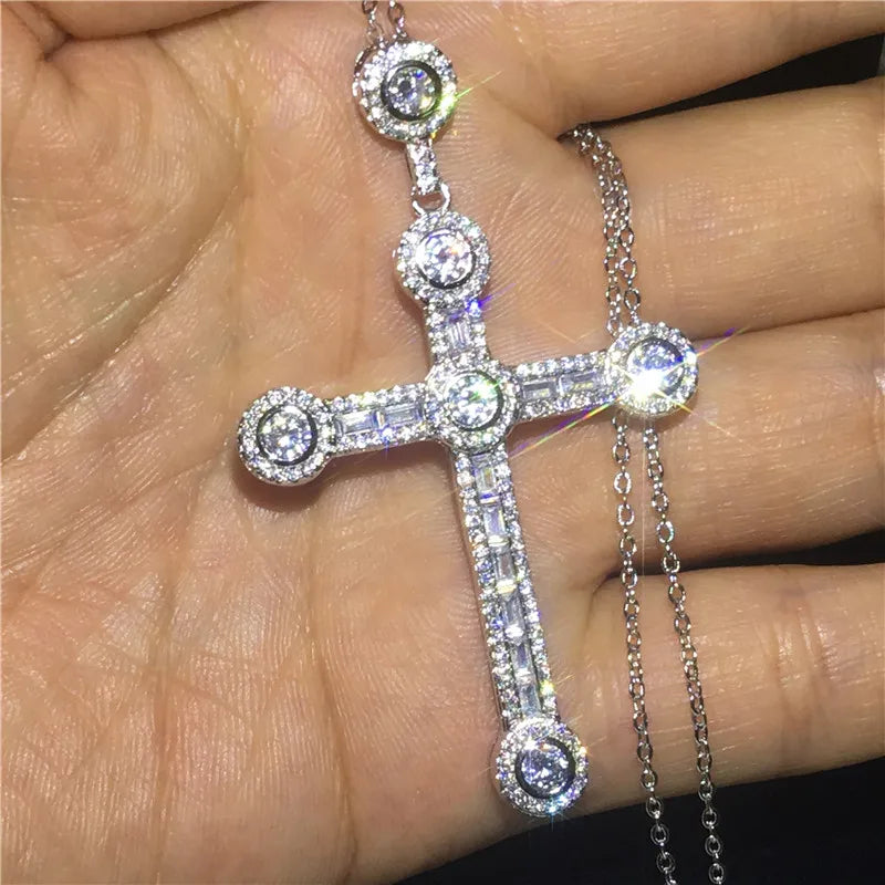 Vintage Big Cross Pendant Lab Diamond 925 Sterling Silver Cross Pendant Necklace For Women'S Men Wedding Jewelry