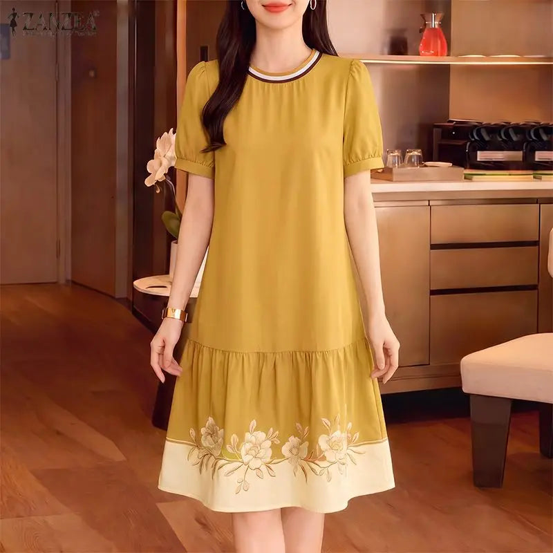 ZANZEA Stylish Floral Printed Dress Summer Women Short Sleeve Ruffled Hem Sundress Casual O-Neck Holiday Beach Knee Length Robe