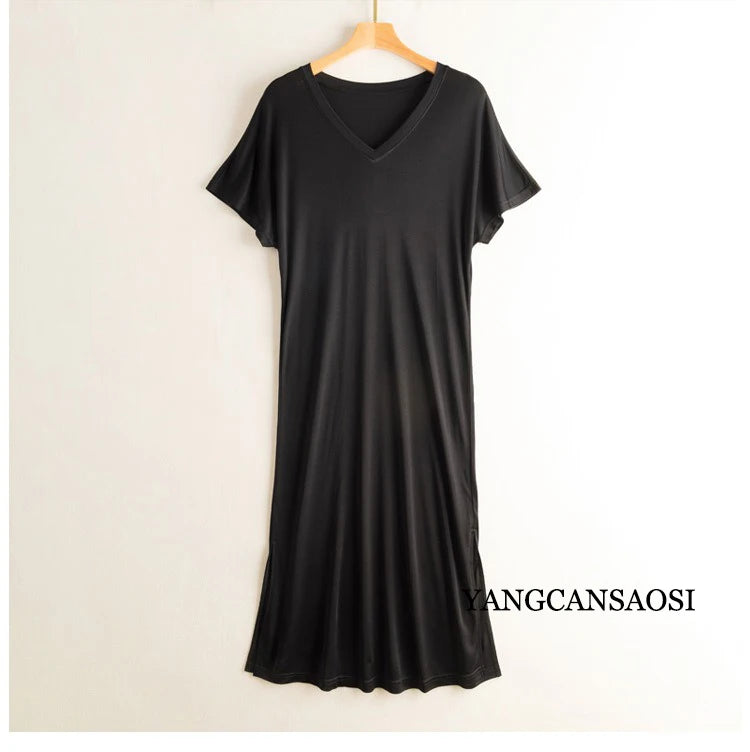 Women's Casual Summer New 23% Natural Mulberry Silk Side Slit V-neck Loose Shoulder Short Sleeved Solid Color Base Knitted Dress