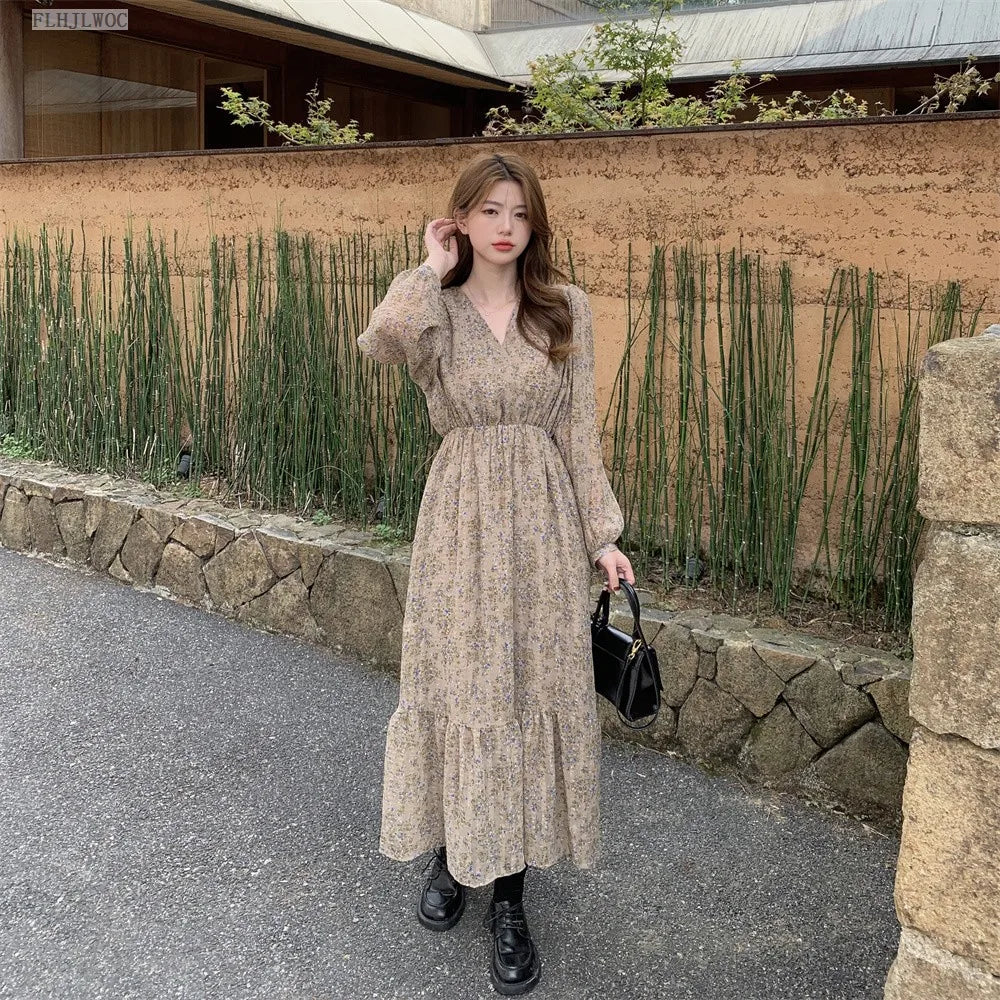 Chic Korean Clothes Design 2022 Autumn Spring Womens V Neck Elegant Lady Floral Printed Retro Vintage Long Maxi Dress