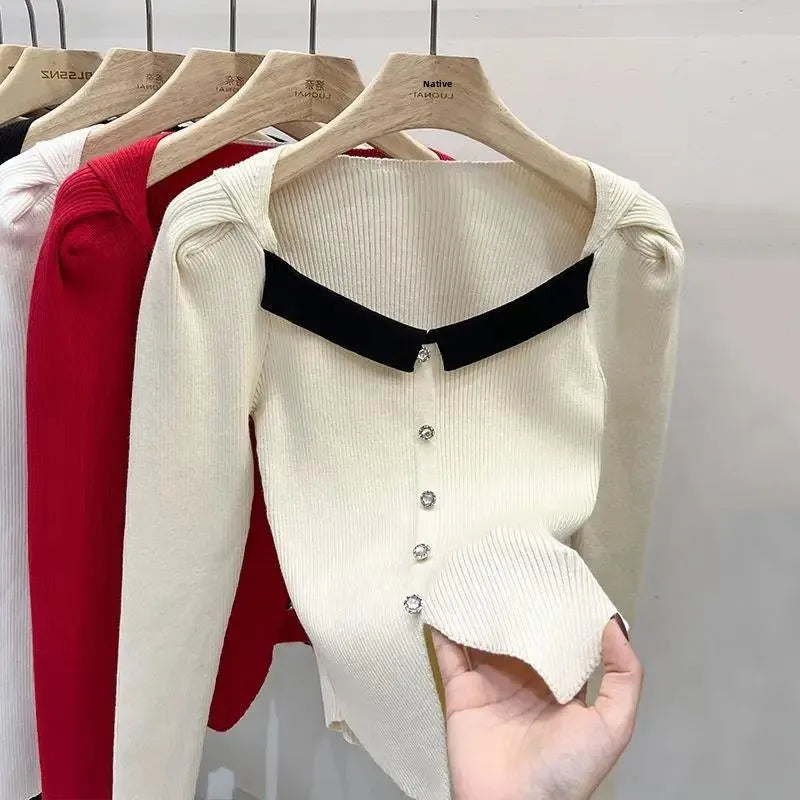 Women's Knitted Short Sweater Square Collar Base Shirt Color Collision Design Sensation Autumn Winter Special Edition Top