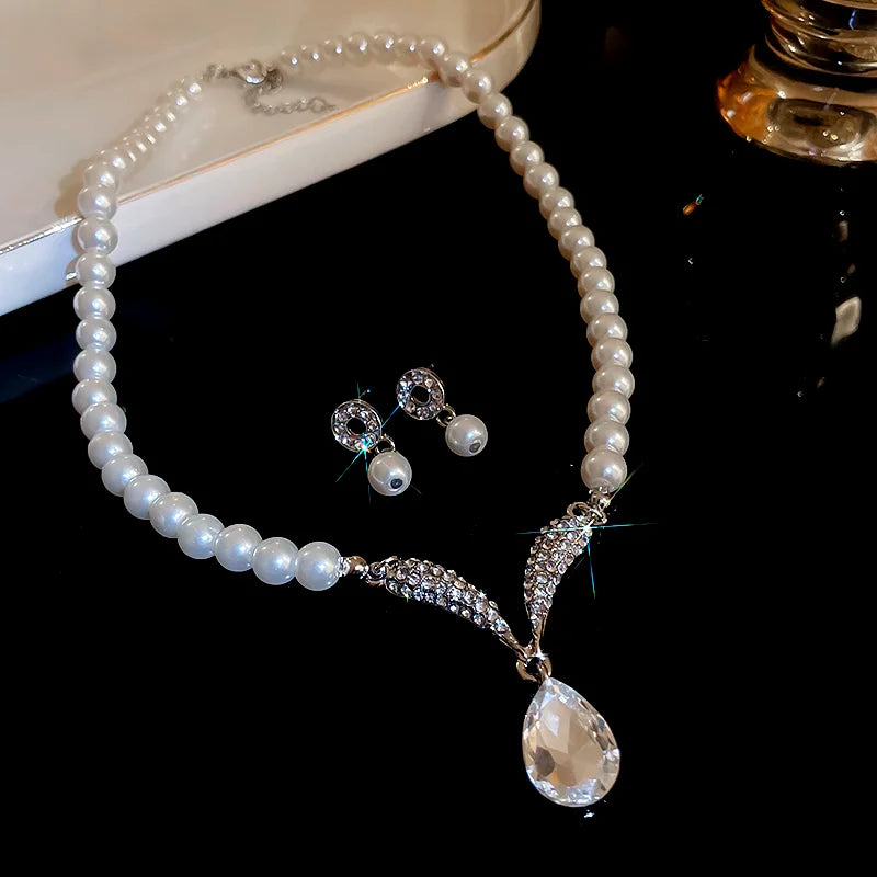 3 Pcs Rhinestone Pearl Rectangular Earrings Necklace Set Two-Piece Vintage Choker Accessory Light Luxury Jewelry Sets Wedding