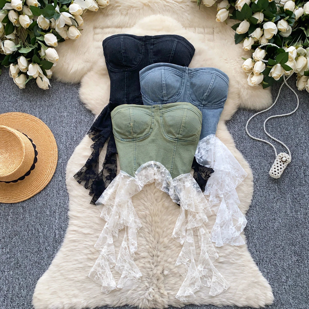 Sexy Spliced lace Chic Crop Top Korean Tanks Top Women Women Corset Bustier  women clothing