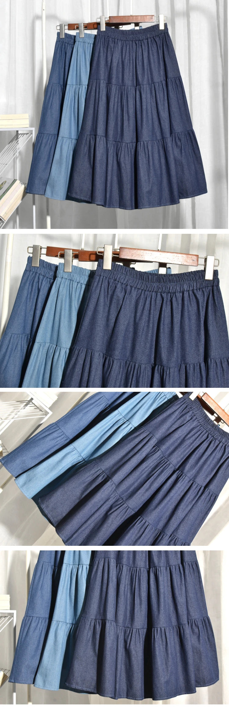 Summer Cake Splicing Denim Skirt Women's A-Line Midi Retro Elastic Waist Slimming Fat MM Light-Colored Skirts Korean Sle Hi...