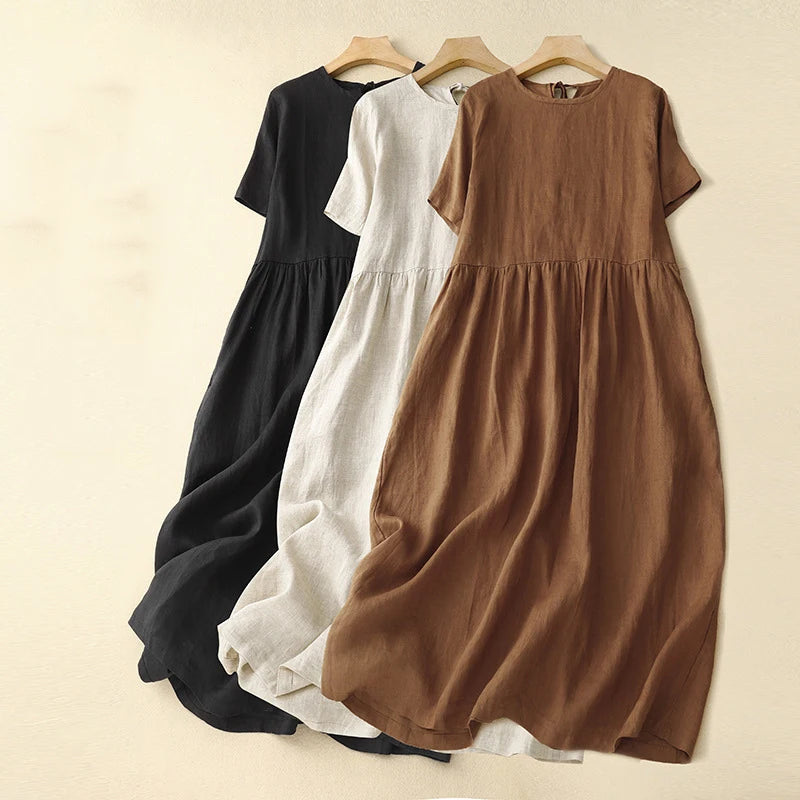 Korean Style Summer Fashion Solid Color Simple Basic Cotton Linen Dress for Women Good Quality Half Sleeve Elegant Frock Female