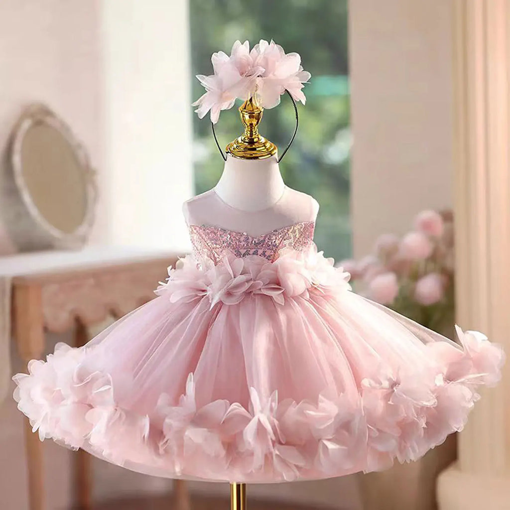 Dreamy Vow D094 Sleeveless Floral Pink Girls Dress Sequined Tulle Children Celebration Party Spring and Summer Mini Prom Dress