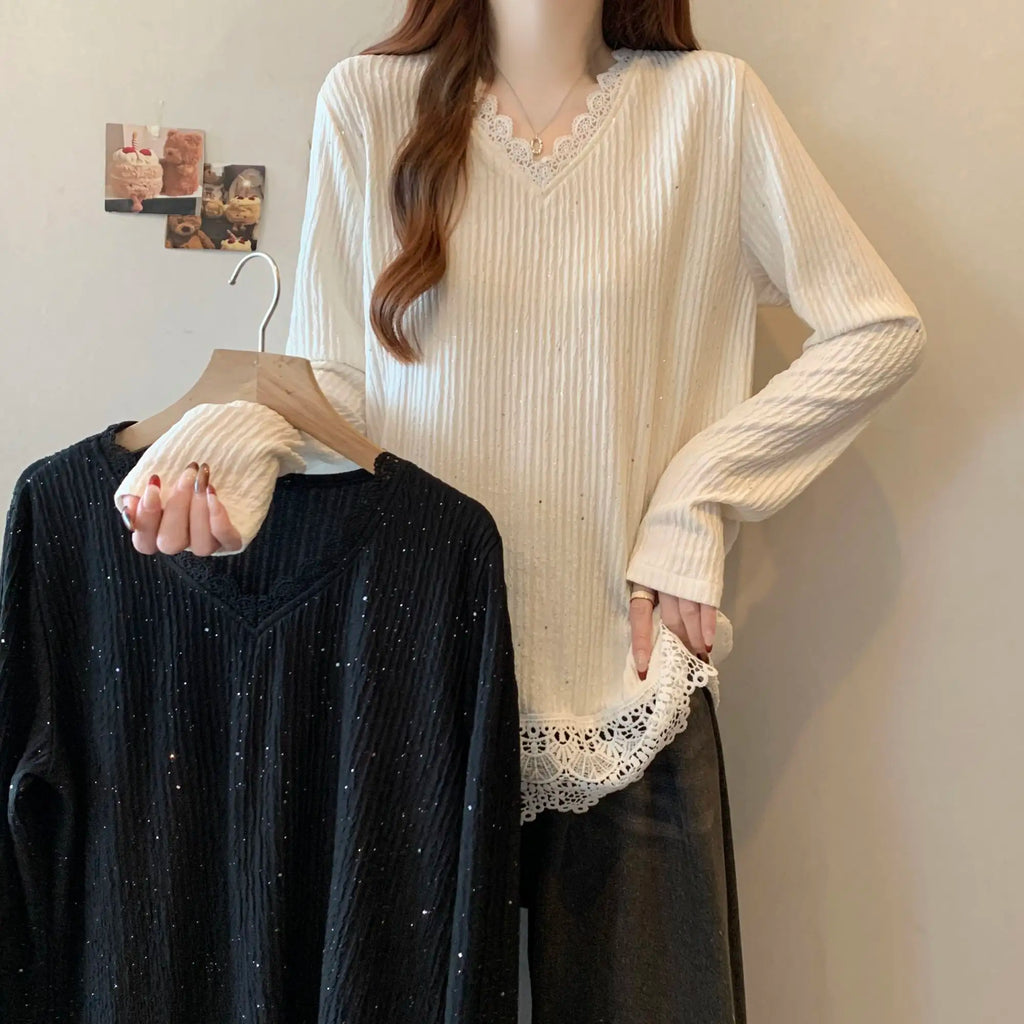 Lace Splicing Long Sleeve T-shirt Female Loose Slimming V-Neck Top