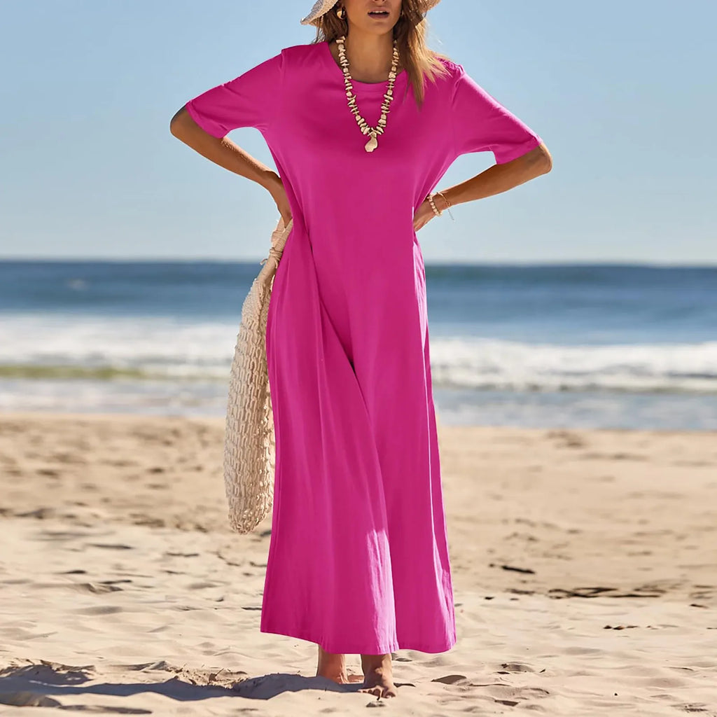 Women's Elegant Slim Fit Maxi Dresses Solid Short Sleeve O Neck With Pockets Ankle Length Dresses Casual Beach Holiday Dresses