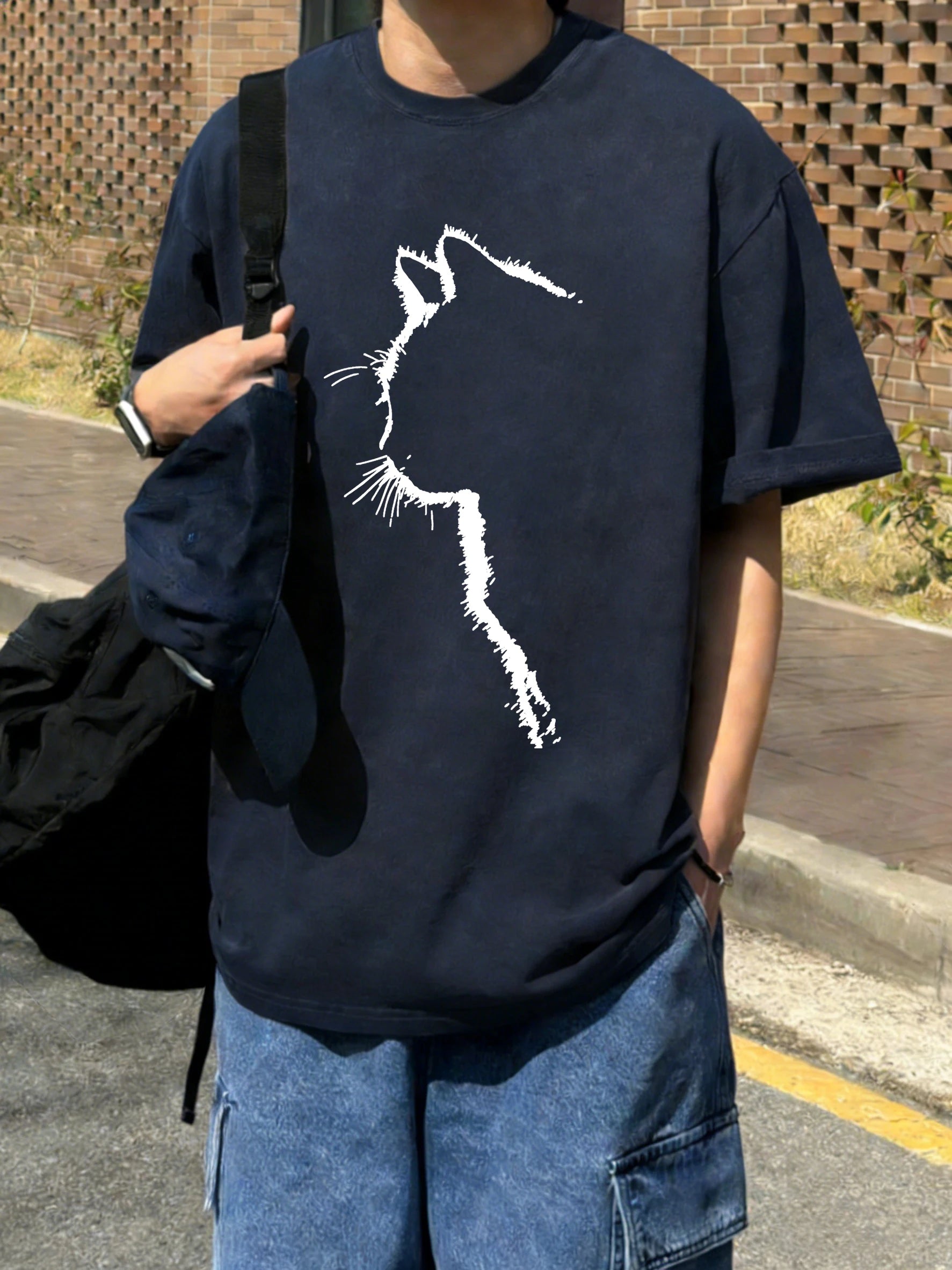 Cat Silhouette Men's T Shirt Ultra Breathable Cotton Summer T Shirt Oversized Loose Fit Vintage Style For Cat Lovers