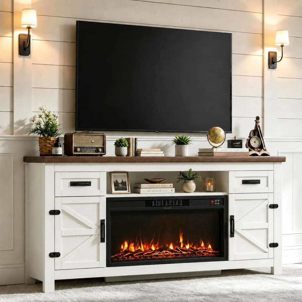 Fireplace TV Stand with Barn Door for TVs up to 80", Farmhouse Fireplace Entertainment Center with Storage, Customized
