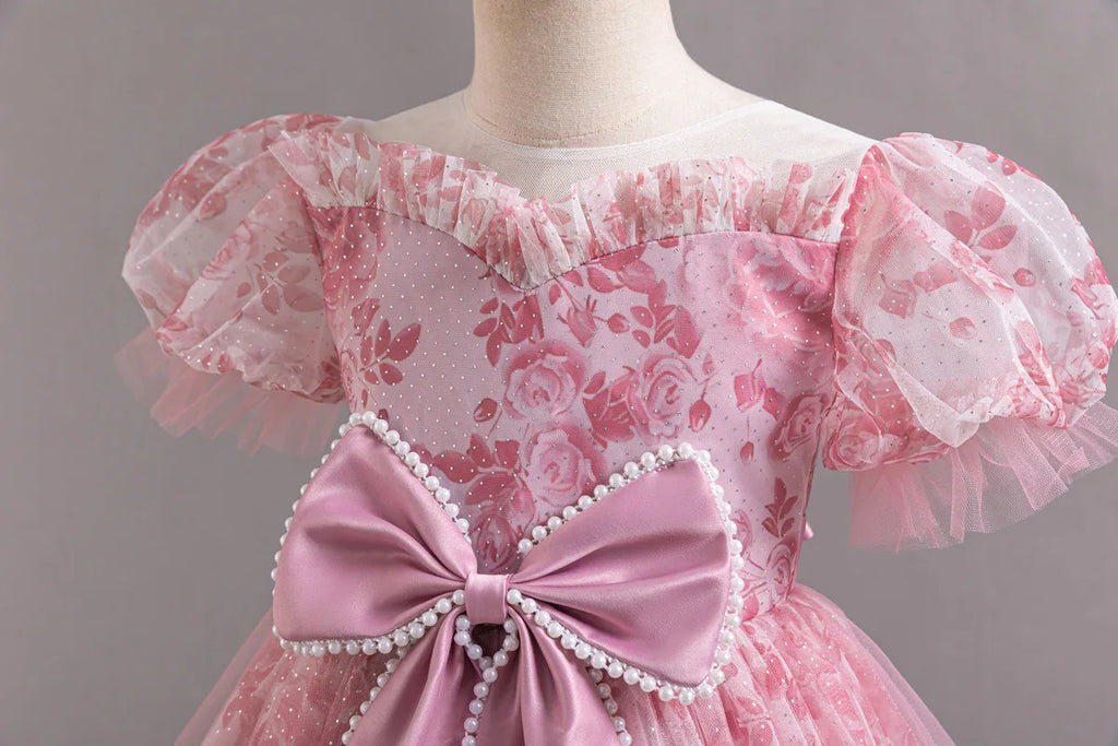 HETISO Princess Dress for Girls Beaded Bow Floral Lace Tulle Tutu Skirt Wedding Birthday Party Prom Gown Ages 2-10