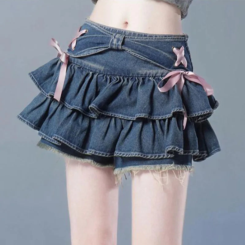 New Fashion Women Hot Girl Sweet Kawaii Bow Vintage Y2k Clothes American Streetwear Sexy Summer A-line Gothic Mini Denim Skirts