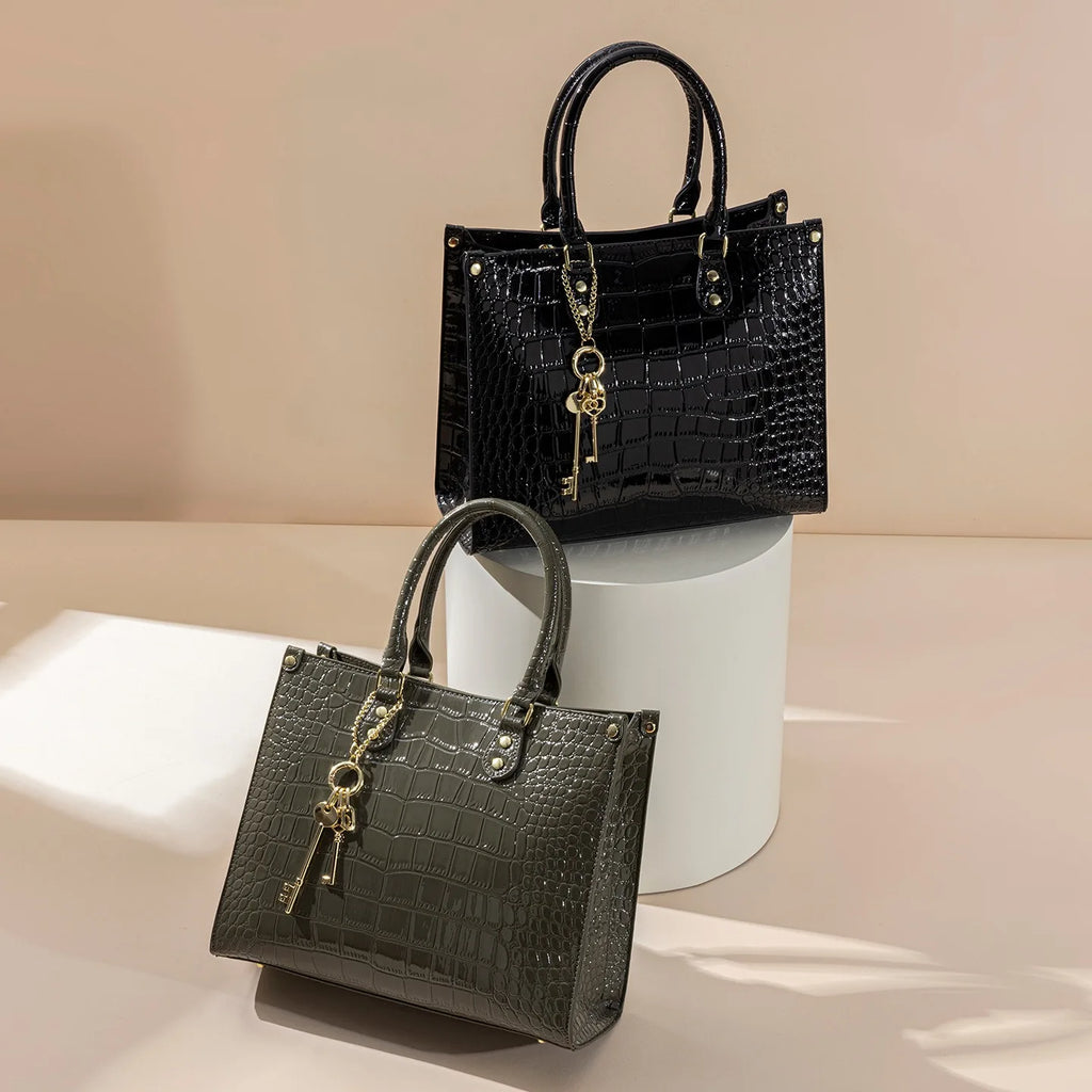 Shiny Crocodile Pattern Top-Handle Bag Women Glossy Patent Crossbody Shoulder Bag Elegant Tote Satchel with Key Pendant