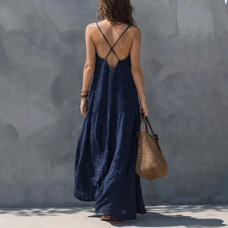 Spaghetti Strap V Neck Maxi Dress Smocked Bust Loose Wide Hem Coastal Style Getaway Wear Sleeveless Beach Long Sundress
