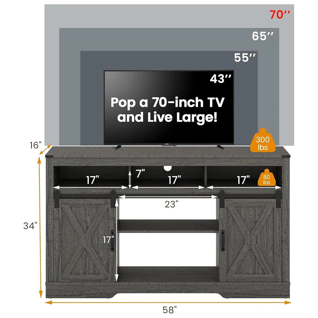 Farmhouse TV Stand for 23" Fireplace, 65" TV Console, 34" Tall Rustic Sliding Barn Door, Dark Grey, Customized