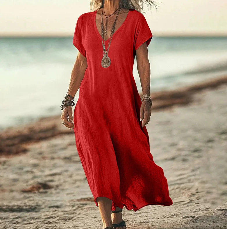 Independent Station Loose Solid Color V-neck Cotton and Linen Women's Dress