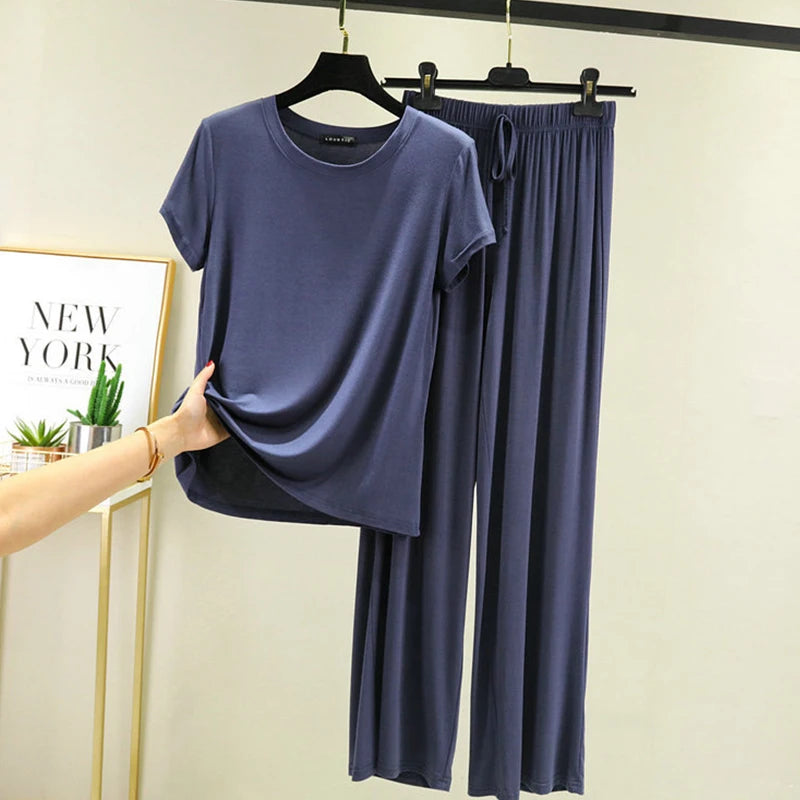 Women's Modal Pajama Set - Wide Leg Pants Casual Lounge Wear