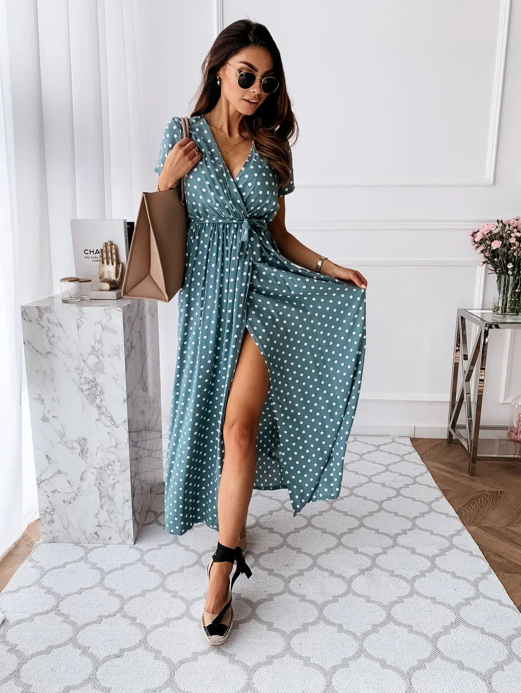 Short Sleeve V-Neck Ladies Polka Dot Dress Split For Female Boho Beach Holiday Dress Womens Summer Fashion Maxi Dress