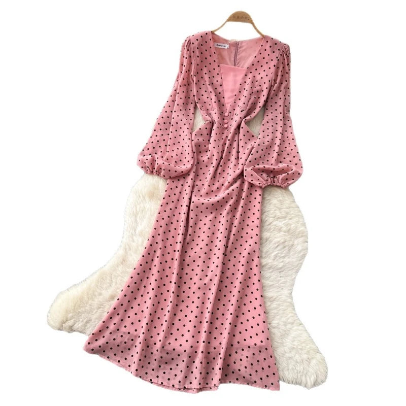 Long Dress Women Dresses Print Dot Vestidos Y2k Streetwear V Neck Lantern Sleeve Tight Waist Elegant Party Work 2026 Summer