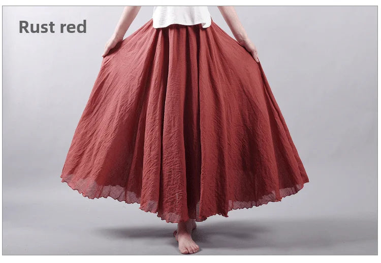 New In 2026 Spring Summer Woman Cotton Linen Midi Skirt Solid Color Loose Flared Pleated A-line Skirt Female Sweet Elegant Skirt