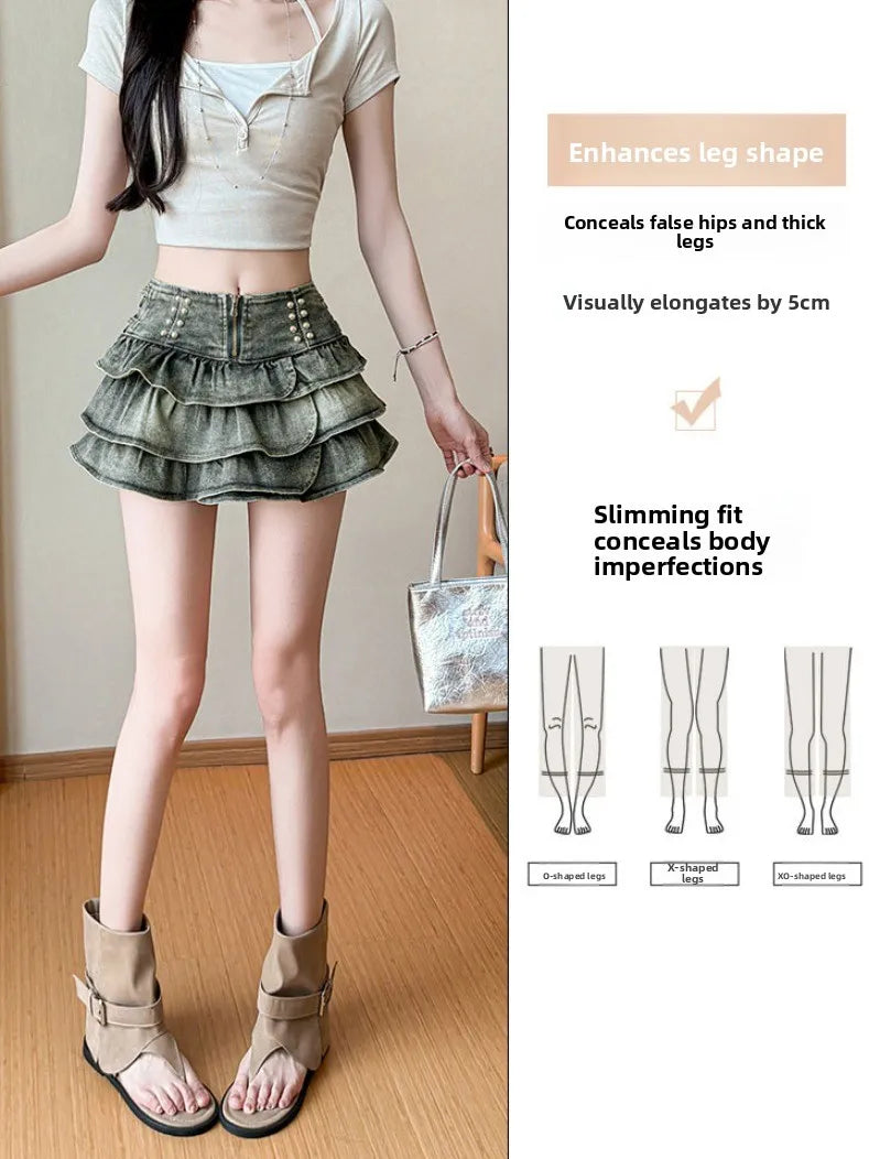 American Style Spicy Girl Design Elastic Denim Cake Short Skirt Women's Summer Pure Desire High Waist Slimming Pleated  S...