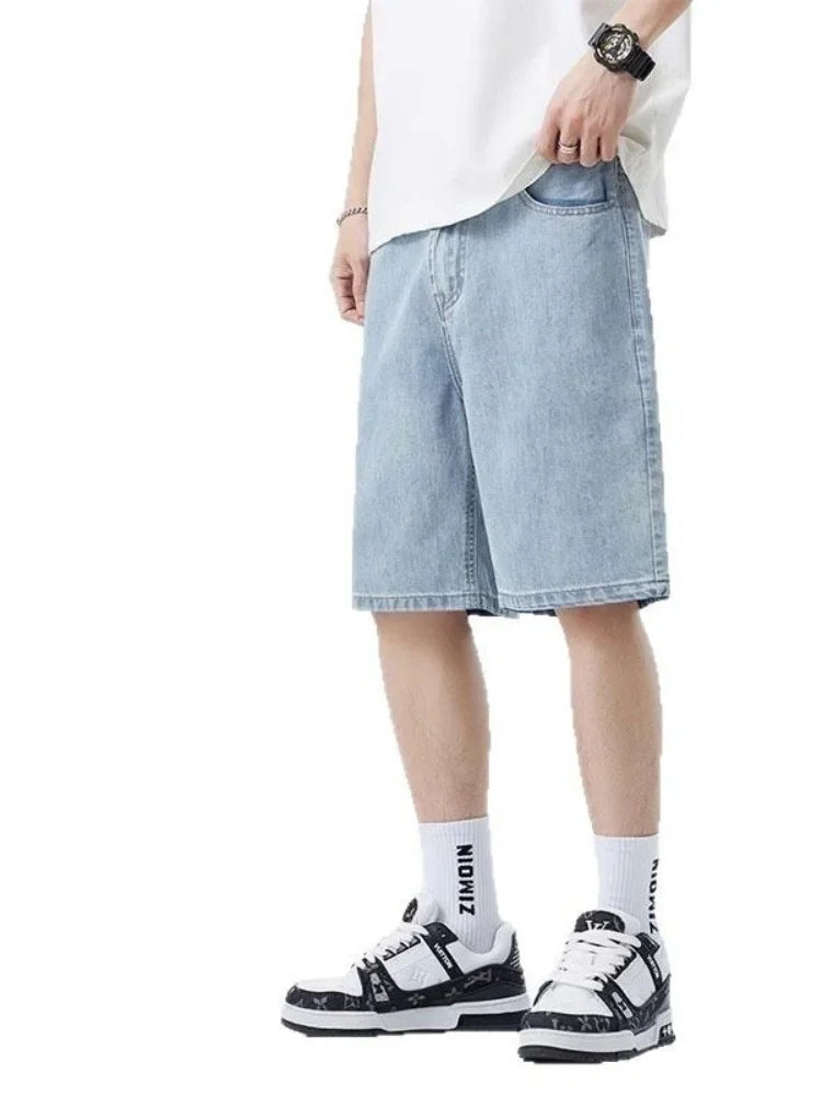 Dragging Streetwear Loose Jeans Men Korean Style Fashion Loose  Retro denim shortsPant Men's Brand Clothing Black  Blue Grey