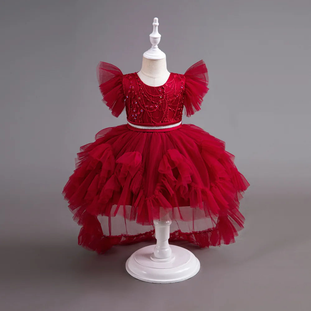 HETISO Girl Christmas Dresses Trailing Kid's Dress for Girls Retro Lace Sequined Children's Wedding Party Ball Gown 6 8 10 Years