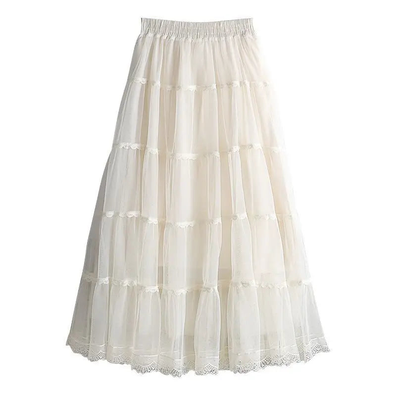 Sweet Lace A-Line Half Skirt Women's Spring Summer New Style Elastic Waist Slimming Cake Skirt High Waist Polyester Fiber
