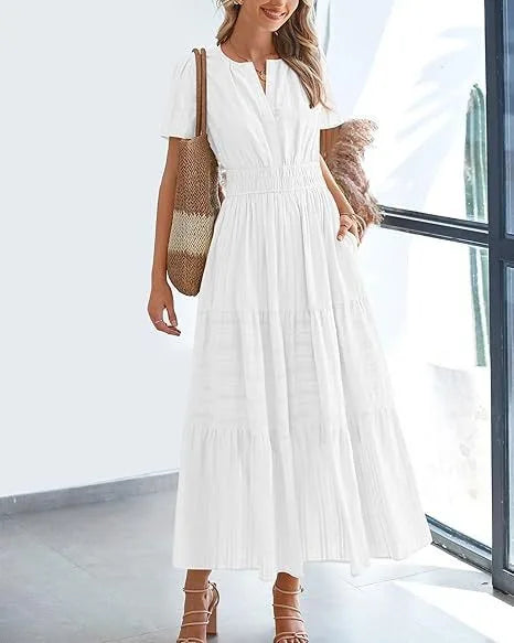 Summer Solid Color V-neck Tight Waist Dress French Style Elegant Pleated Large Swing Long Dress Casual Vacation Style Slimming M