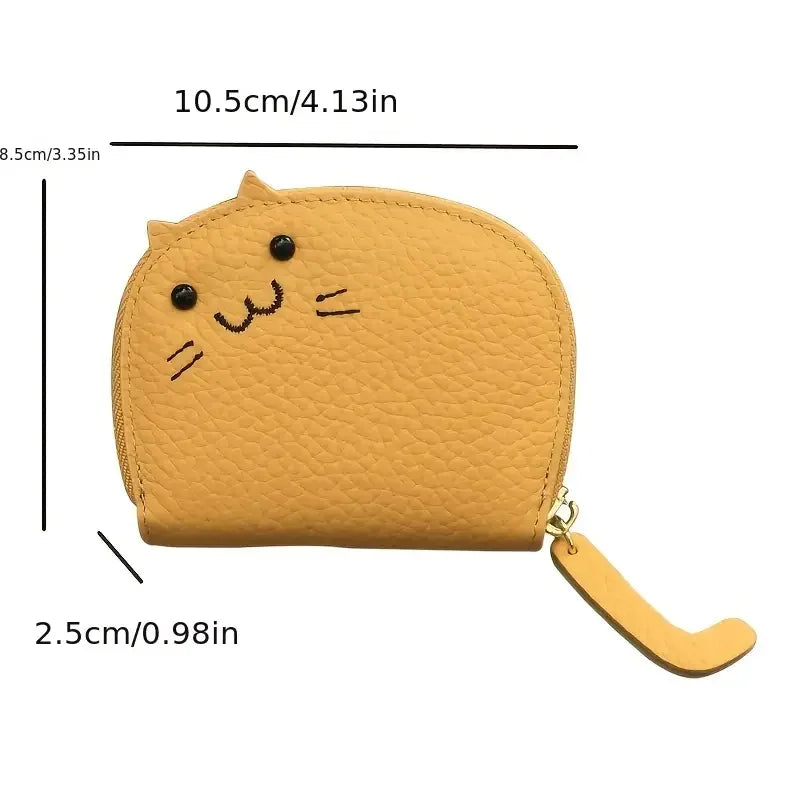 Cartoon Cat Mini Card Wallet Solid Color PU Leather Coin Key Storage Bag Creative ID Card Holder Anti-degaussing Case