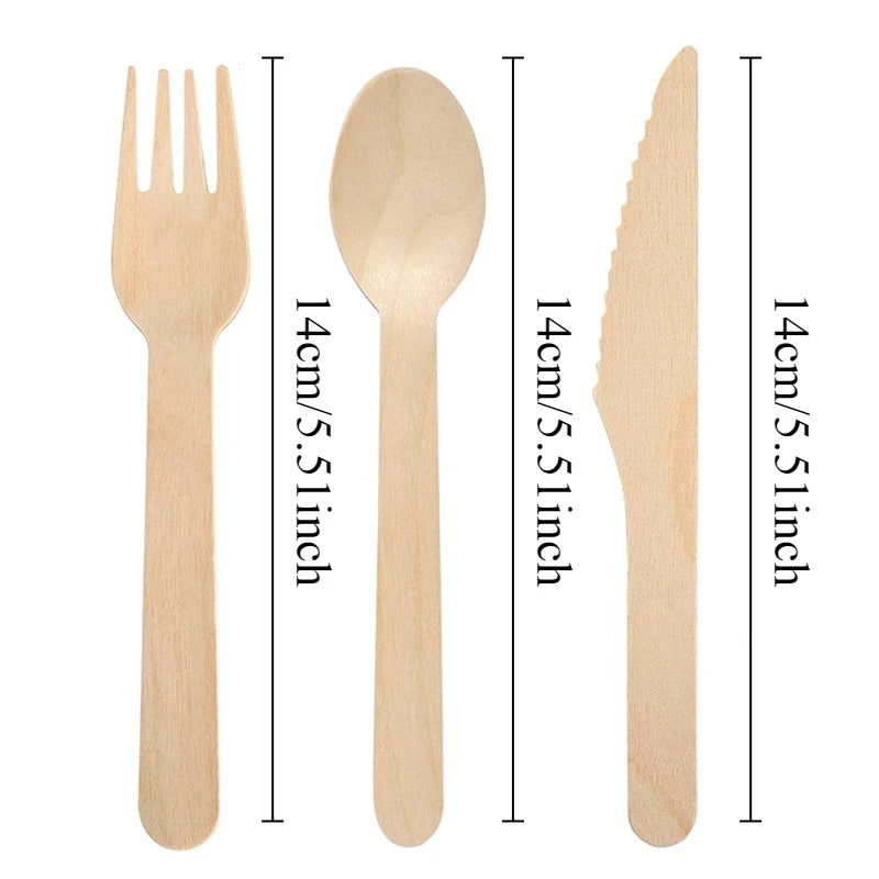 50/100PCS Disposable Wooden Tableware Wedding Party Wooden Knife Fork Spoon Tableware for Tasting Yogurt Ice Cream Cake