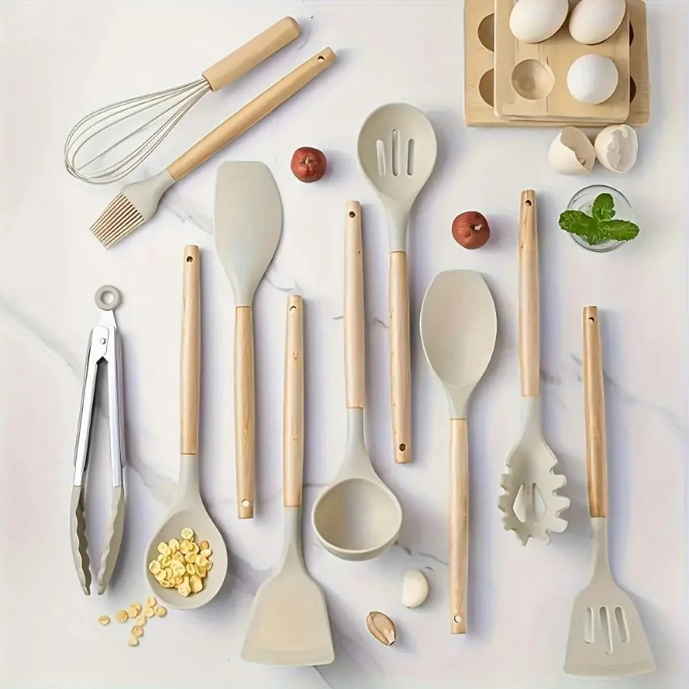 12 Pieces Silicone Kitchen Utensil Set with Storage Holder, Non-Stick Heat Resistant Cooking Utensils with Wooden Handles, BPA Free Dishwasher Safe Kitchen Gadgets for Home Cooking Baking