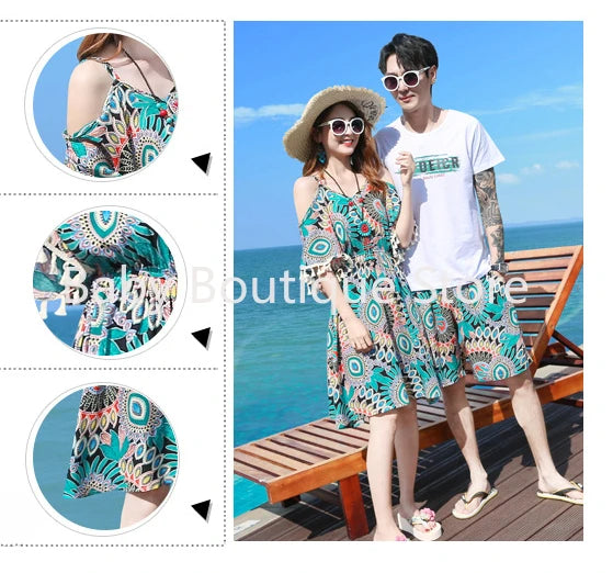 2025 Elegant Floral Girls Dress Family Matching Summer Outfit Off-Shoulder Midi Boho Dress Boys Set Fashionable Beach Vacation