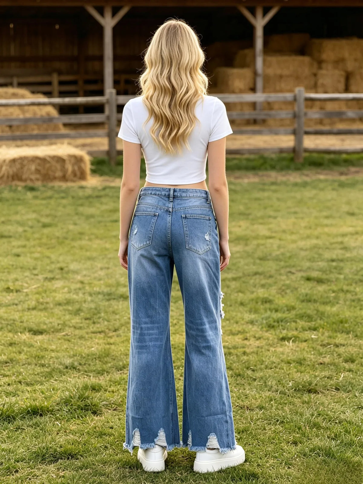 【HME】Jeans | Women Big Ripped Frayed Flare Denim Pants, Mid‑High Waist Light Blue Washed Jeans, Knee Shredded Distress, Irregular Frayed Raw‑Edge Hem, Flare Leg Modify Calf, American Retro Street Style, Slim‑Fit Uni