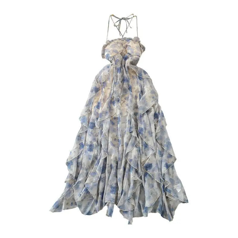 Fashionable Beach Vacation Strapless Backless Slimming Print Chiffon Dress with Ruffle Hem Gradient Coloring Knitted Fabric