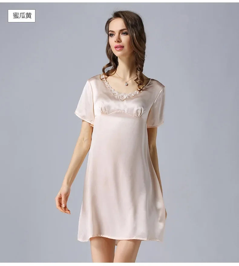 Women's 2023 Spring/Autumn Silk Pajamas 100%Natural Mulberry Silk Short Sleeved Nightdress Noble Silk Home Clothes Pajamas