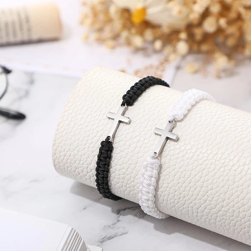 2 Pcs Stainless Steel Cross Braided Rope Couple Bracelets Black White Adjustable Woven Bracelet Gifts