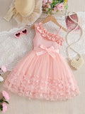 Little Girl Romantic Style Tulle Tutu Dress with Ribbed Bodice Ruffle Neck Waist Bow 3D Butterfly Mesh Skirt for Photoshoot