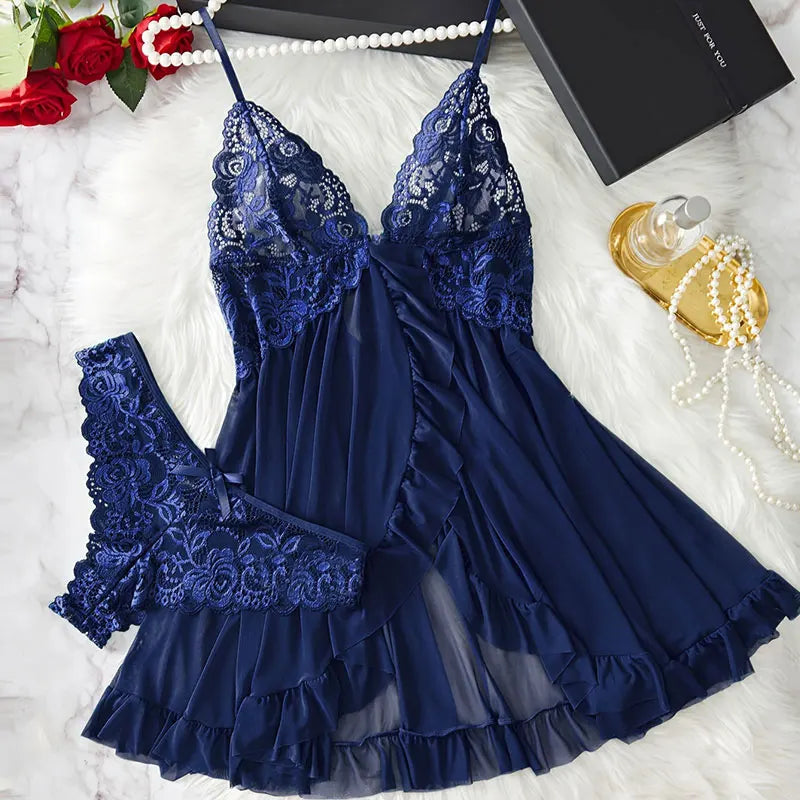 Curves 2-Piece Women's Underwear Set Lace Low-Rise Panties With Nightgown Intimate Apparel Breathable Delicate Summer Lingerie