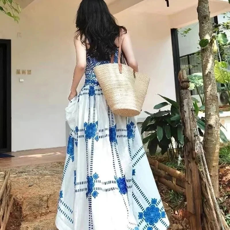 Bohemian Floral Embroidered Spaghetti Strap Maxi Dress Loose A-Line Summer Beach Dress for Women