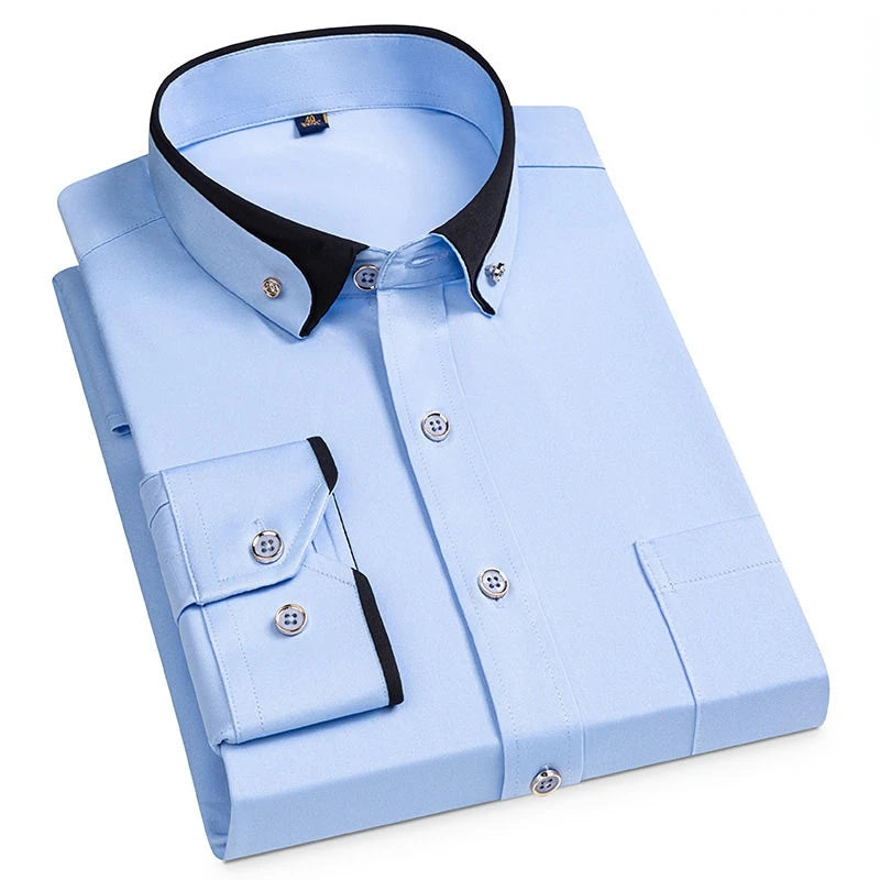 For Men'S Business Dress Shirts Male Formal Button-Down Social Collar Camisa Social Elastic Anti-Wrinkle Casual Men Shirt Pocket