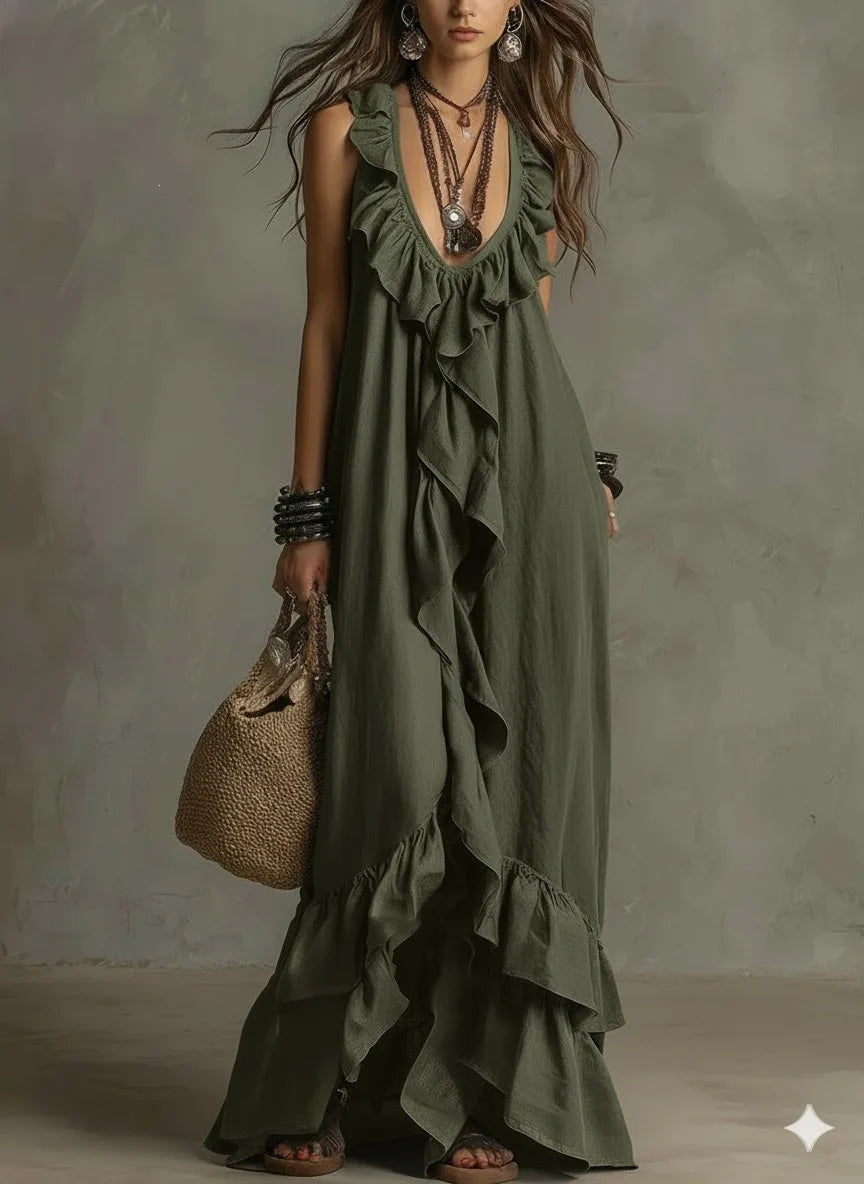 Summer Woman Dress Sleeveless Ruffle Neck Dresses Women's Pleated Maxi Dress V Neck Asymmetrical Hem Boho Dress Layered Ruffles