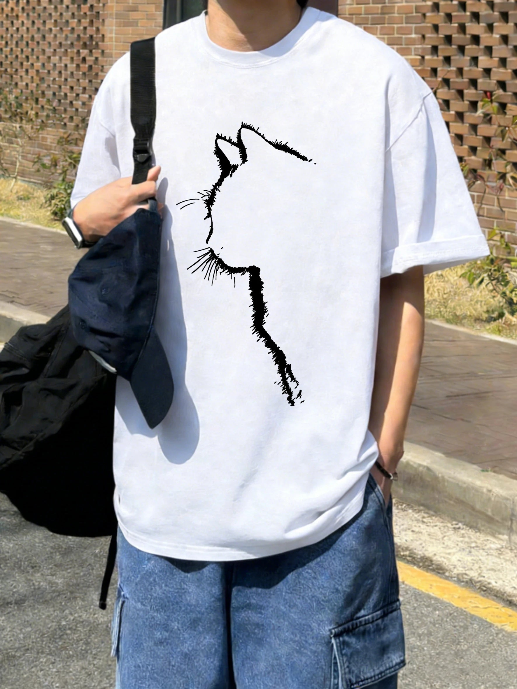 Cat Silhouette Men's T Shirt Ultra Breathable Cotton Summer T Shirt Oversized Loose Fit Vintage Style For Cat Lovers