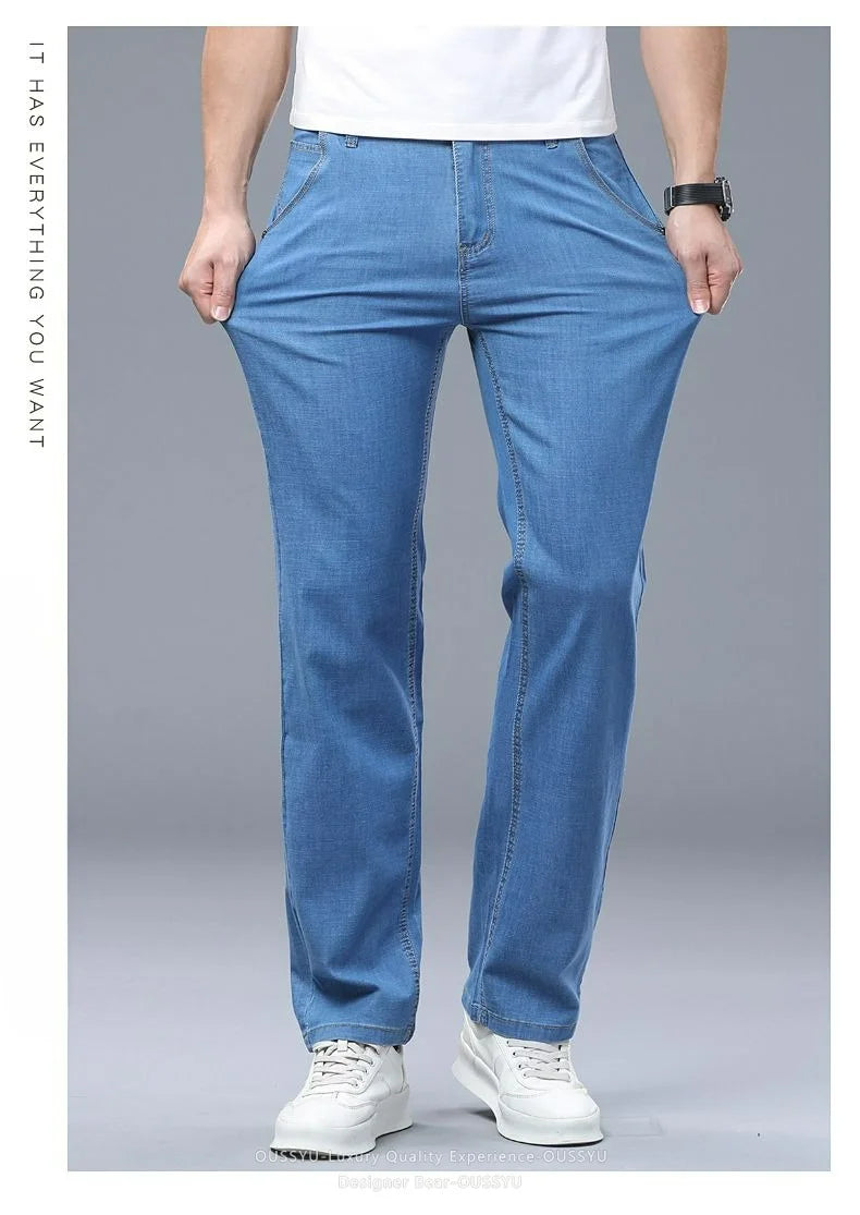 Summer Thin Men's Elastic Cotton Jeans Fashion Business Straight Casual Denim Pants Male Work Clothes Slim Trousers Plus Size 40