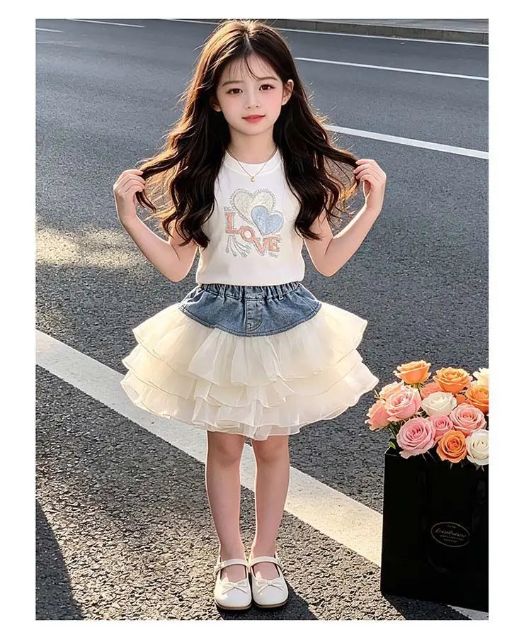 Girls' Summer Denim Short Skirt Patchwork Mesh Cake Style Children's Kids' New Fashion Skirt