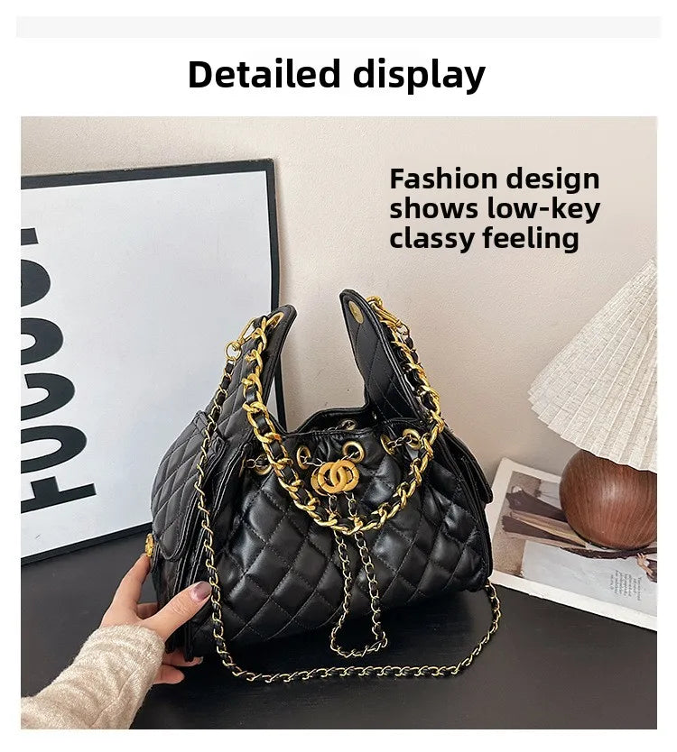 Quilted shoulder underarm bag, large-capacity hobo bag, bucket drawstring chain crossbody bag, women's handbag