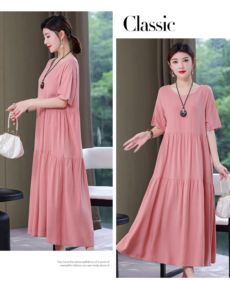 New Fashion 2023 Causal Summer Dresses For Women Loose Solid Long O-neck Dress Vintage Short Sleeve Womens Clothing