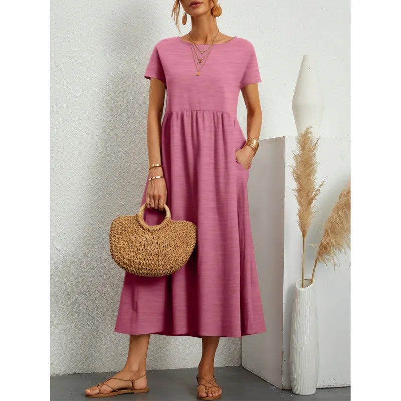 Casual Long Ice Silk round Neck Short Sleeve Dress Pure Color A-Line Skirt Comfortable Elastic Waist Elegant Commute Style